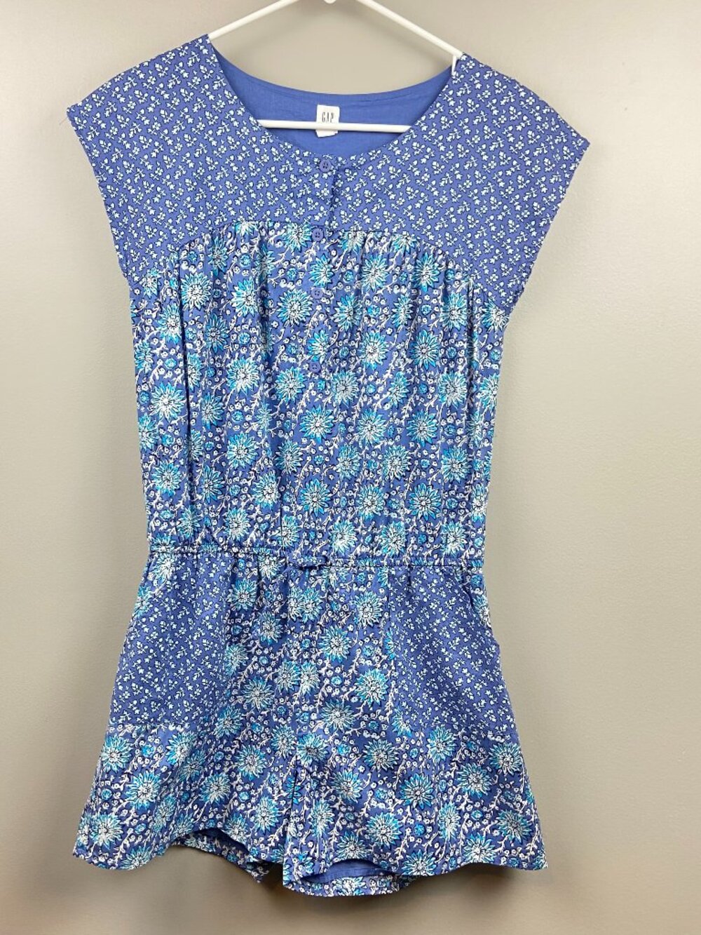 Gap Kids Romper Blue & White Floral Print With Pockets & Adjustable Waist Sz XXL